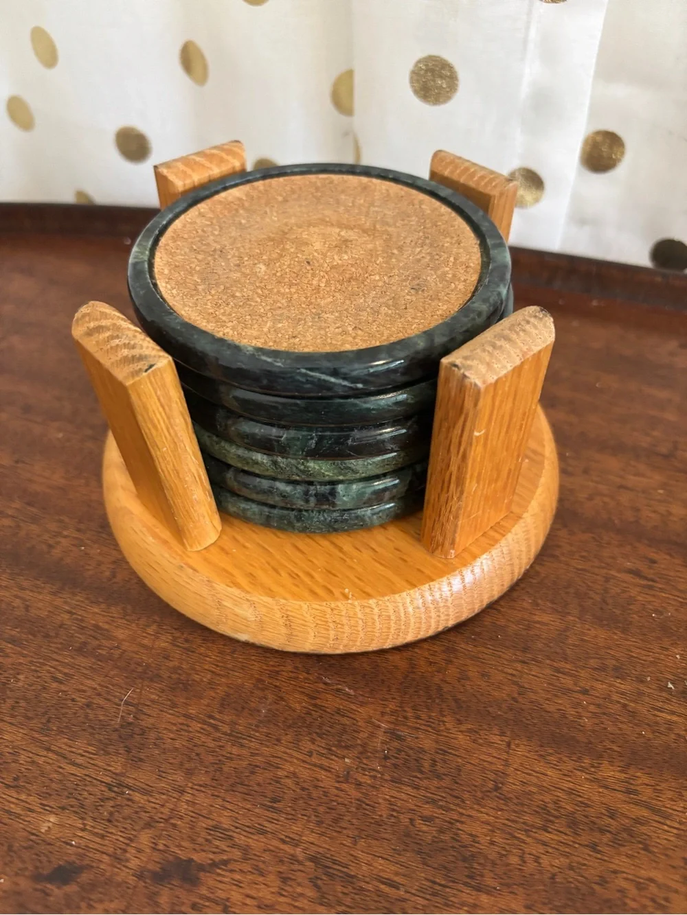 Vintage Himark Green Marble Stone Coaster Set with Wooden Holder